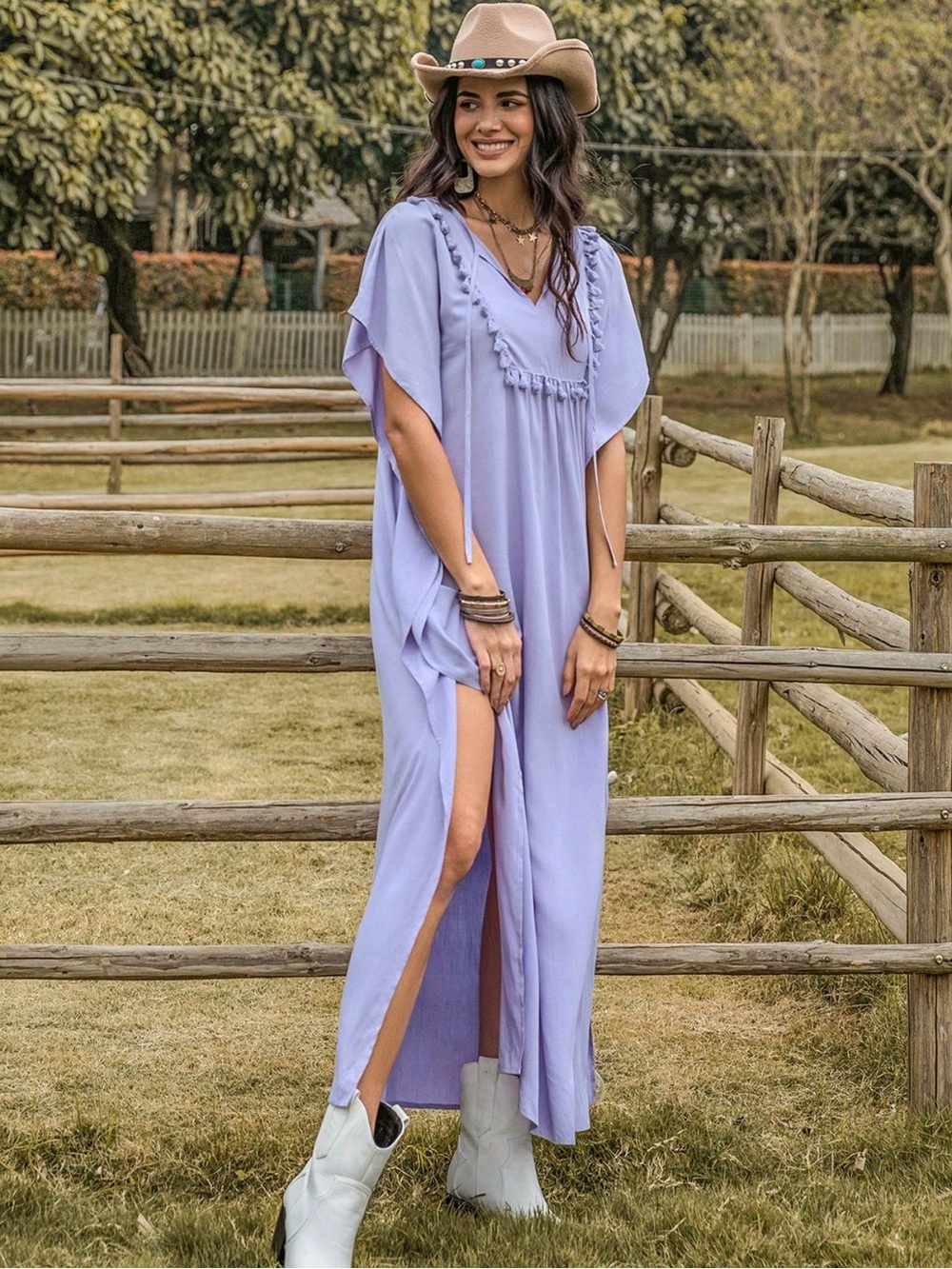💜Hello Gorgeous! Tassel Side Slit Tie Neck Flutter Sleeve Dress - Lavender